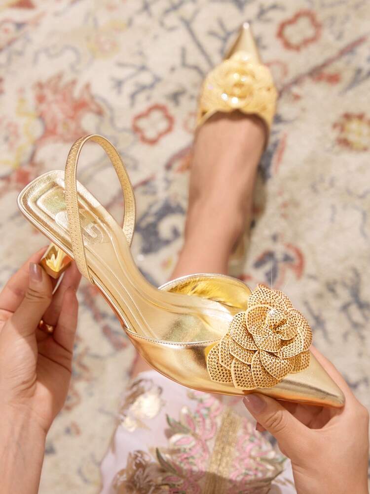 CUCCOO TILAWA Women's Fashion Gold 3D Floral Decor Heel Strap Pointed Toe Flat Comfort Shoes, Suitable For Dates, Party, Wedding, Vacation And More For Christmas