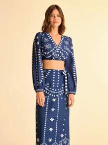 CAJUNI Falda envolvente de estilo bohemio casual de verano con estampado de totem y encaje para vacaciones de mujer, en colores azul y blanco