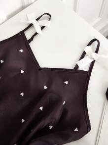 2 件套青少年女孩可爱甜美优雅休闲日常穿着黑色背景白色心形和碎花吊带背心和短裤睡衣套装 - 黑色 - 查看 6