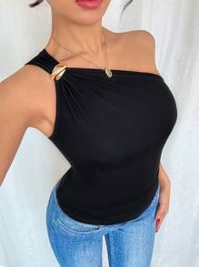 Rafferiza 女式黑色性感金属褶皱无袖紧身衣 - 黑色 - 查看 5