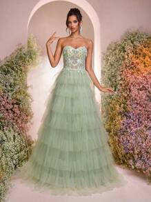 Glamrae 优雅奢华浅绿色手工3D花卉水晶装饰多层超长裙摆晚礼服，女式，下摆宽大 - 綠色 - 查看 7