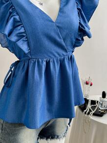 Chiquease Women's V-Neck Ruffle Tied Waist Casual Blouse Suitable For Work And Date - Blue - View 3