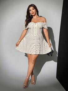 Viva Relle Plus Size Women Elegant Romantic Off-Shoulder Polka Dot Pleated Mini Dress - Multicolor - View 3