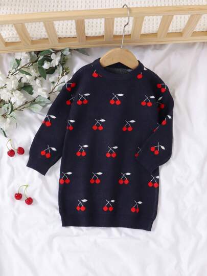 SHEIN 年轻女孩可爱樱桃印花休闲纯色圆领针织毛衣裙，柔软舒适，适合日常、外出、旅行、度假、居家、幼儿园、学校和年轻女孩玩耍