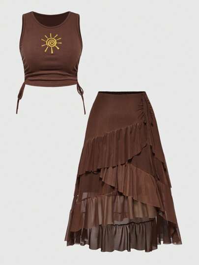ROMWE Conjunto de 2 piezas de top de tirantes bordado con girasol y falda con dobladillo asimétrico y con volantes, estilo hippie vintage para festival de música, para mujer
