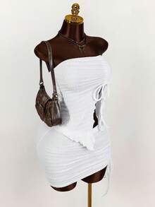 Amplova Drawstring Front Tube Top & Bodycon Skirt Two Pieces - White - View 3