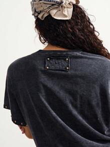 Bohemela 女式宽松纯色针织拼布网眼圆领短袖 T 恤 - 黑色 - 查看 3