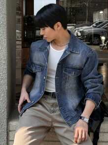 DAZY 男士蓝色水洗做旧牛仔夹克，适合春秋季节 - 藍色 - 查看 6