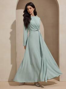 Graceveil Đầm dài phong cách Ả Rập bồng bềnh cổ tròn không đối xứng đính ngọc trai trang trí cho nữ - Màu xanh nhạt - Xem 4