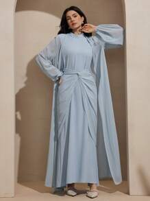 Graceveil Solid Color Elegant Wrap Waist Dress With Open Front Long Sleeve Cardigan Fall Cloth For Women - Blue - View 3