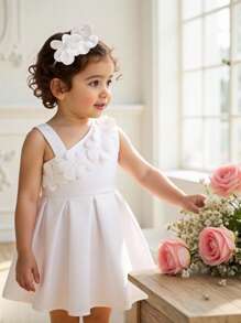 1 件装女童腰部褶皱 3D 花卉装饰派对无袖吊带背心连衣裙