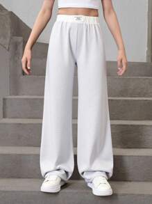SHEIN Tween Girl Loose Casual Simple Comfy Midrise Colorblock Waistband Wide Leg Pants - Grey - View 1