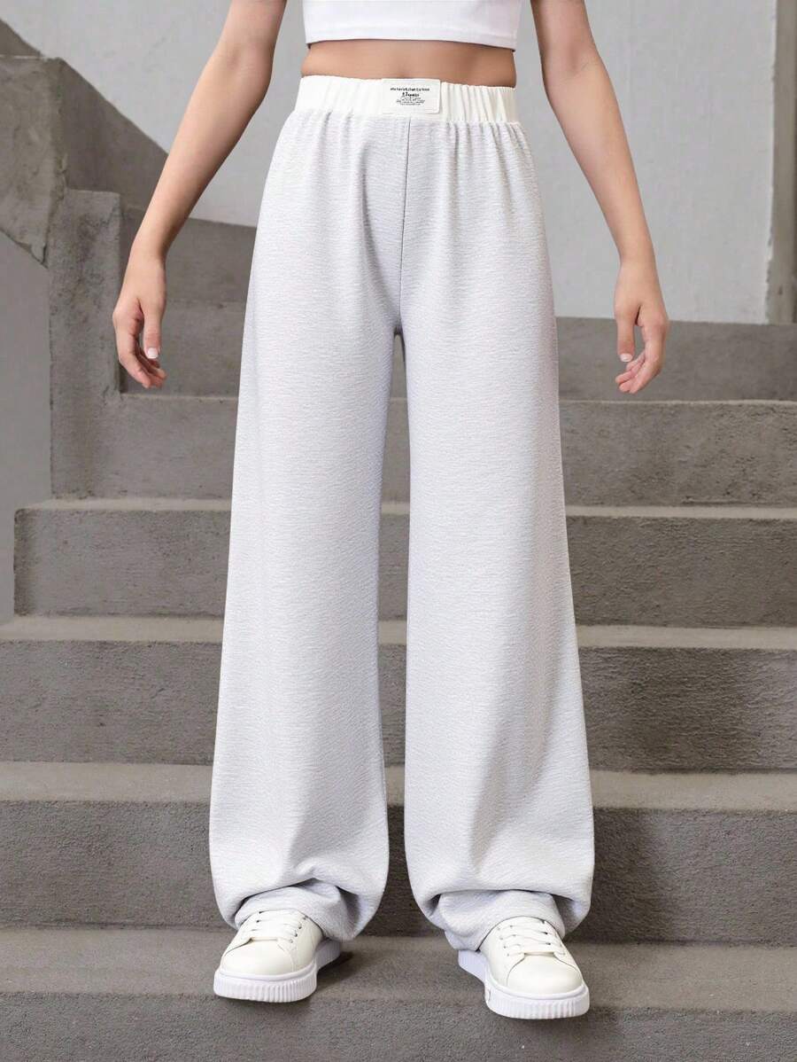 SHEIN Tween Girl Loose Casual Simple Comfy Midrise Colorblock Waistband Wide Leg Pants - Grey - View 1