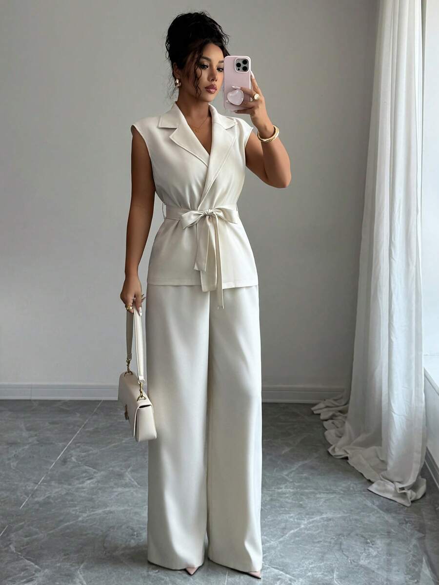 INAWLY Women Summer Casual Commute Versatile Solid Lapel Collar Self-Tie Belt Sleeveless Shirt And Loose Wide Leg Pants Set