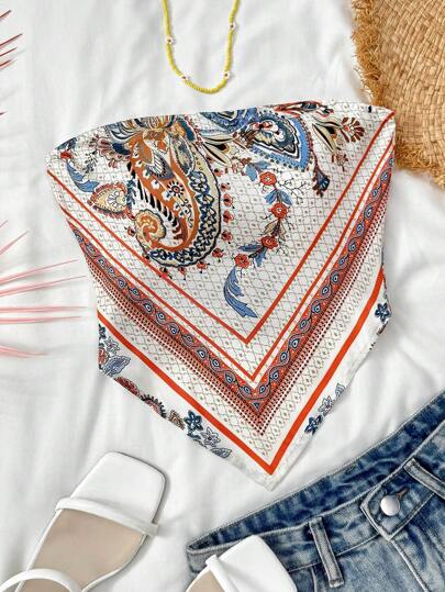 SHEIN Polyester Strapless Geometric Tank Top In White, Perfect For Summer Vacations Summer Tops For Teen Girls Aesthetic Summer Tops Paisley Print Top Bandana Top