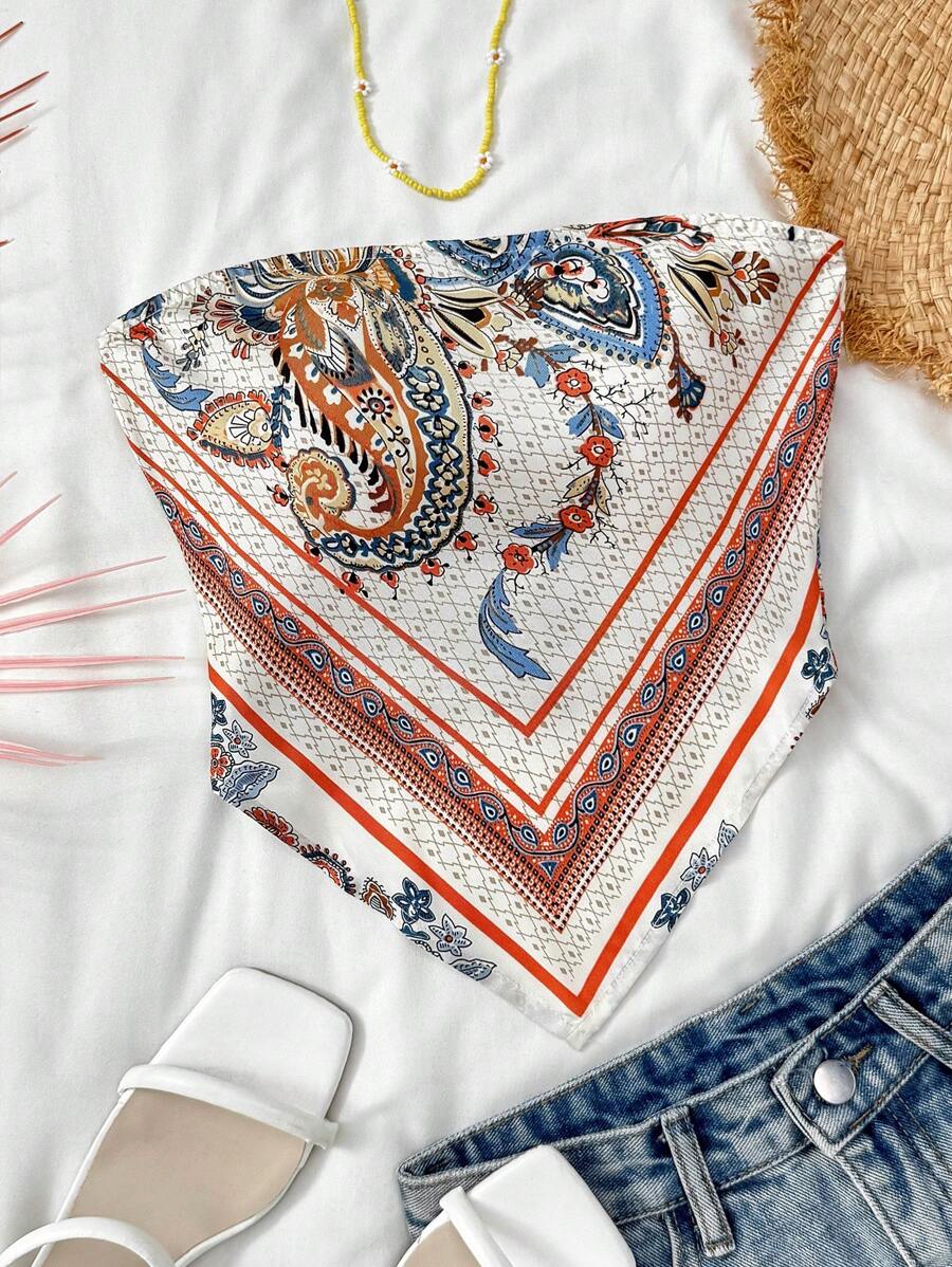 SHEIN Áo ống hở lưng in họa tiết hoa đi nghỉ cho bé gái tuổi teen - trắng - Xem 1