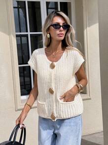Serisse Women's Cream White Elegant Loose Coarse Knit Vest Sweater Cardigan,Autumn Vacation Metal Shell Decoration Patch Pocket Solid Color Casual Tops - Beige - View 5