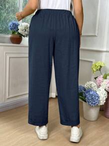 Linhara Plus Size Women Cotton Solid Color Fold-Over Casual Pants - Navy Blue - View 2