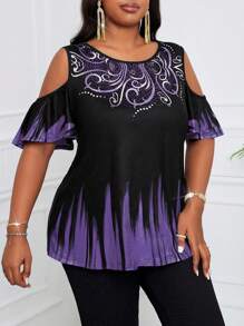 SHEIN Lady 1 pieza Camiseta de mujer de talla grande con patrón de degradado morado, para verano
