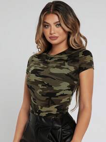 SHEIN SXY Summer Camo Print Tight Short Sleeve Women's Casual T-Shirt