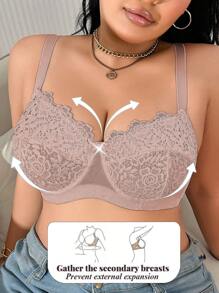 SHEIN Plus Size Embroidery Patchwork Underwire Bra - Apricot - View 4
