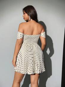 Viva Relle Plus Size Women Elegant Romantic Off-Shoulder Polka Dot Pleated Mini Dress - Multicolor - View 2