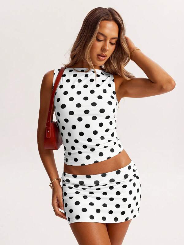 SHEIN BAE Vestă de vară roșie și albă cu buline, simplă, casual, cu umăr gol, potrivită pentru stradă la modă, vacanțe la plajă, vacanțe în Italia, naveta, vacanțe în sudul Franței, ținute de vacanță pe insulă, ținute de lună de miere pentru femei.