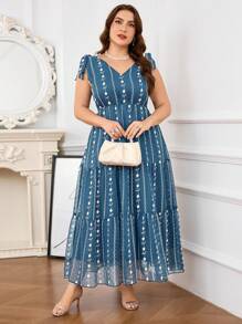 SHEIN Clasi 大码女式花卉刺绣网眼扭肩无袖优雅连衣裙 - 藏蓝色 - 查看 6