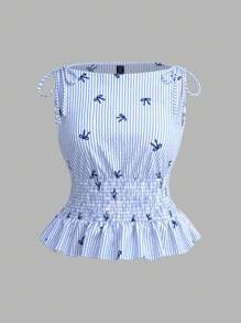 SHEIN MOD Plus Size Blue & White Stripe Bow Print Fitted Sleeveless Top, Vacation Cropped Cami