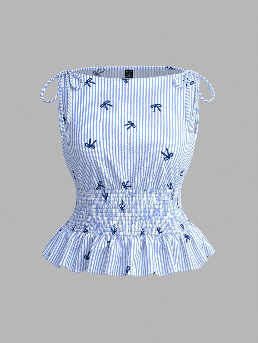 SHEIN MOD Plus Size Blue & White Stripe Bow Print Fitted Sleeveless Top, Vacation Cropped Cami
