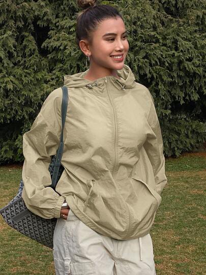 DAZY Women's Loose Fit Long Sleeve Pocket Casual Sports Thin Jacket, Lightweight Sun Protection, Autumn