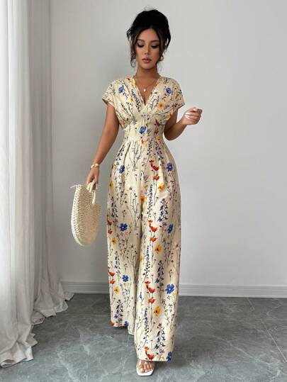 Elenzga Women's V-Neck Waist Cinching Casual Vacation Style Apricot Printed Jumpsuit