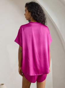 Ocili Leisure Satin Soft-Draping T-Shirt And Shorts Casual Women Pajama Set, Minimalist Design - Hot Pink - View 2