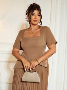 Allurite Vestido elegante de uso diario con cuello en V, plisado, giro y cintura ceñida, talla grande de moda - Caqui - Ver 6