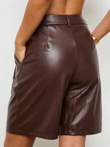 AiiRZ Faux Leather Bermuda Length Pleated Shorts High Waisted Classic Fall Winter Fashion Statement Wide Leg Bottoms Dressy Casual Everyday Wear - Coffee Brown - View 2