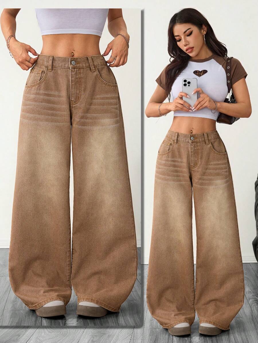 SHEIN PETITE 西式风格卡其牛仔裤低腰直筒裤 Y2K 街头风格棕色裤子女士牛仔裤