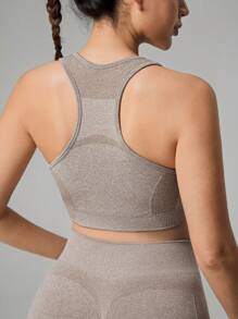 SHEIN Maternity Plain Round Neck Daily Fitness Sport Tank Top - Khaki - View 2