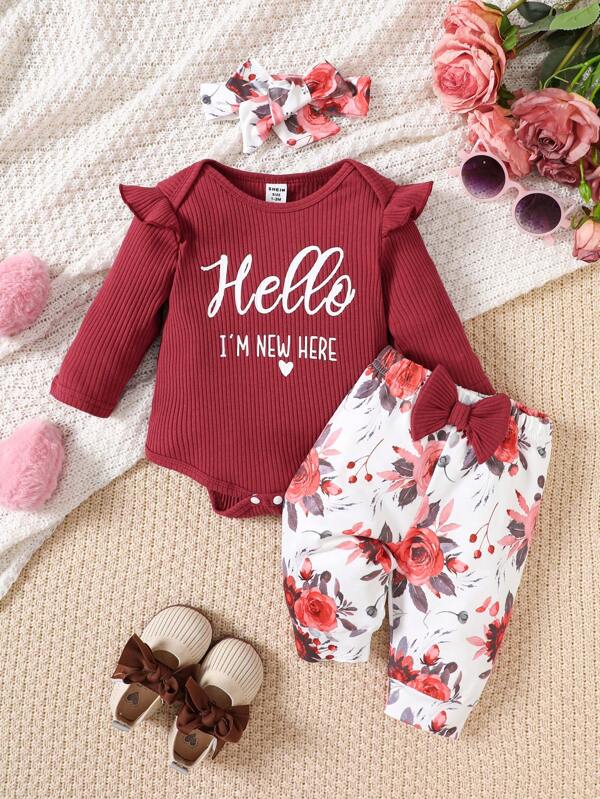 SHEIN Newborn Infant Graphic Print Bodysuit With Floral Bow Decorated Pants 2pcs Set
