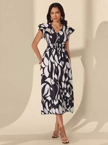 Chiquease Damen elegantes Kleid mit geometrischem Muster in Länge - Schwarz und Weiss - Übersicht 6