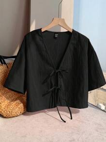 Comfortcana Plus Size Summer Casual Solid Color Front Tie Short Sleeve Shirt Crop Blouse Tie Up Top