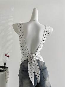Sweetra Parte superior corta sin mangas con diseño de lazo en la espalda y estampado de lunares, vintage sexy, diseño exclusivo, estilo "French Girl"