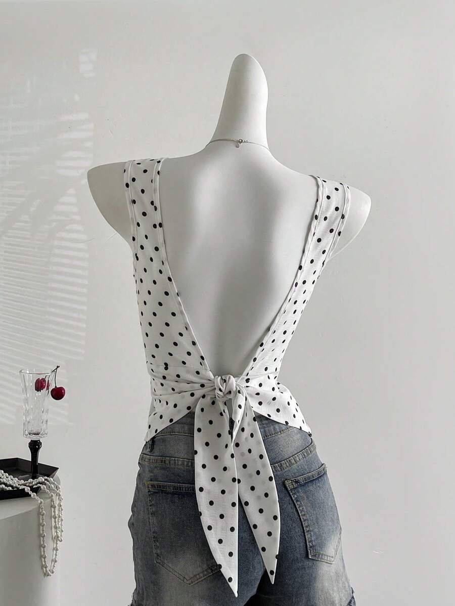 Sweetra Parte superior corta sin mangas con diseño de lazo en la espalda y estampado de lunares, vintage sexy, diseño exclusivo, estilo "French Girl"