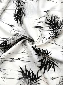 SHEIN Clasi 加大码女式中式圆领短袖中长连衣裙，新东方水墨画印花装饰纽扣优雅度假装 - 黑與白 - 查看 4