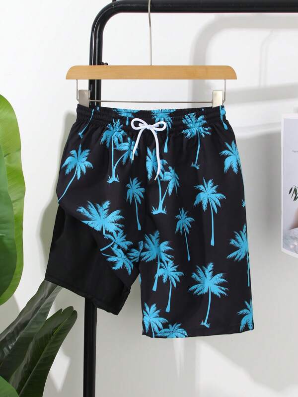 SHEIN Chlapecké plavecké kraťasy pro dospívající chlapce, s náhodným potiskem, nový přírůstek, plážové kalhoty s podšívkou, vhodné na plavání a surfování, jaro/léto