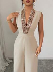 Mono elegante de mujer con cuello en V, bordado floral, ajustado a la cintura, diseño de bajo contrastante, adecuado para uso diario, casual y ocasiones de fiesta, primavera/verano - Albaricoque - Ver 6