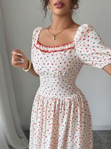 Modelyn French Style Square Neck Puff Sleeve Slimming Chic Women Dress, Summer - Apricot - View 6