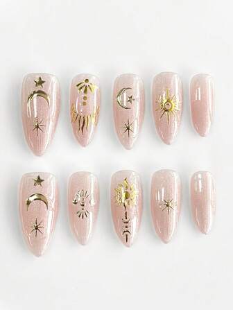 Hippie 10pcs Hippie Style Sun & Star Handpainted High Quality False Nails + 3pcs Double Sided Adhesive, Removable & Reusable Almond Shape Long Fake Nails, Contrast Color Handpainted Nail Stickers, Suitable For Festivals, Parties, Dancing And Daily Wear