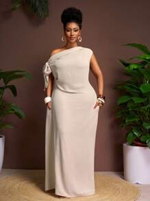 Veslaya Vestido de unicolor talla grande, uso casual y de vacaciones para uso diario, primavera/verano - Albaricoque - Ver 3