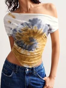 Bohemela Boho Indie Tie-Dye Oblique Collar Fitted Asymmetric Hem Women Casual Tee