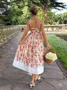 Glamine Vestido maxi floral de mujer, con cuello cuadrado color rosa multicolor, sin mangas, con botones decorativos en la cintura, elegante y de estilo romántico de resort para el verano - Albaricoque - Ver 2